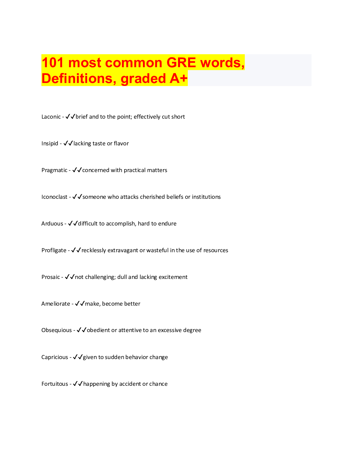 101 most common GRE words, Definitions, graded A+ Browsegrades